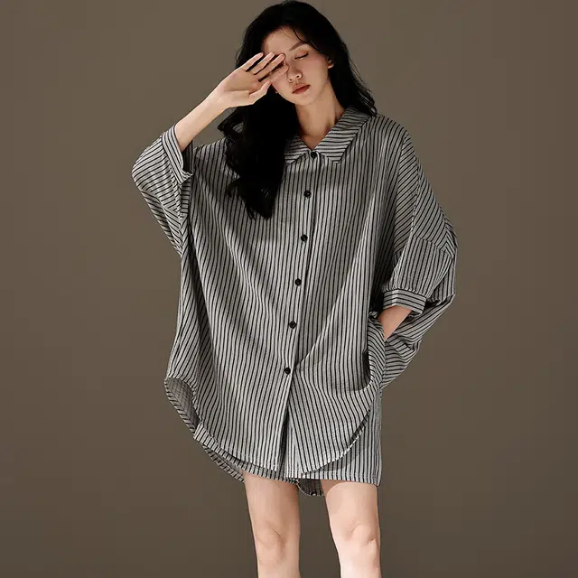 芬腾可安 韩版简约条纹可外穿七分袖长裤睡衣套装 女款 深灰