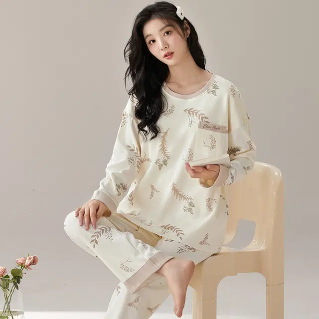 芬腾可安 家居服高级感带胸垫长袖长裤可外穿休闲睡衣套装 女款 图色