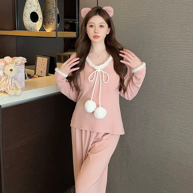 芬腾可安 保暖休闲德绒带胸垫甜美韩版长袖长裤家居服可外穿睡衣套装 女款
