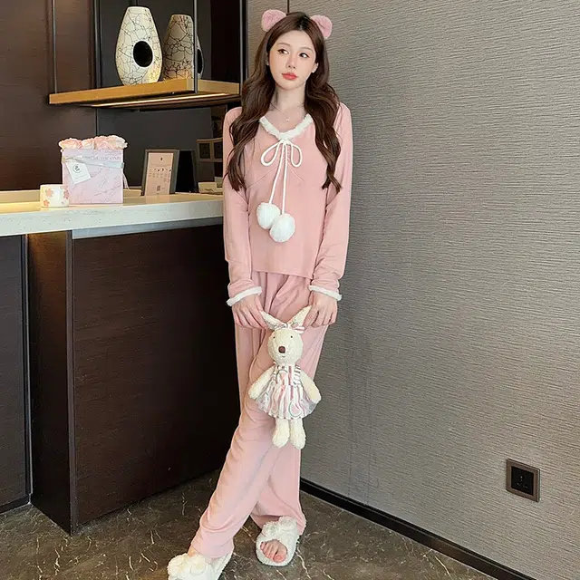 芬腾可安 保暖休闲德绒带胸垫甜美韩版长袖长裤家居服可外穿睡衣套装 女款