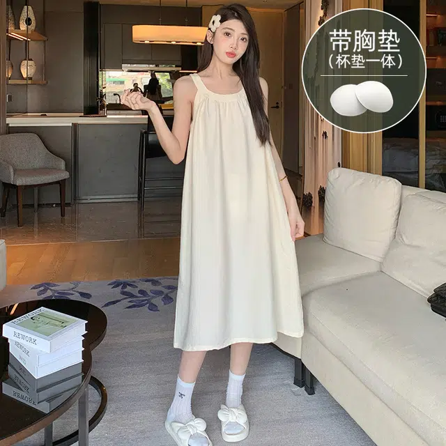 芬腾可安 带胸垫家居服韩版白月光挂脖式吊带中长款可外穿无袖透气夏季睡裙 女款