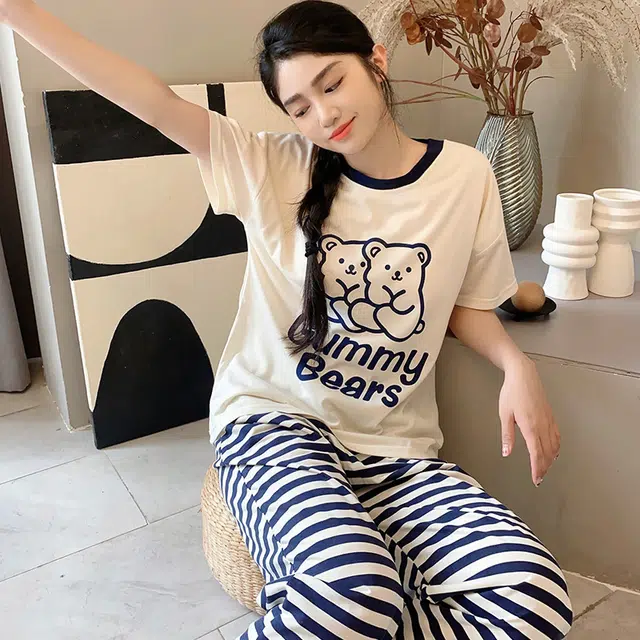 芬腾可安 女夏带胸垫薄款针织棉家居服卡通套头短袖短裤长裤可外穿三件套睡衣套装 女款
