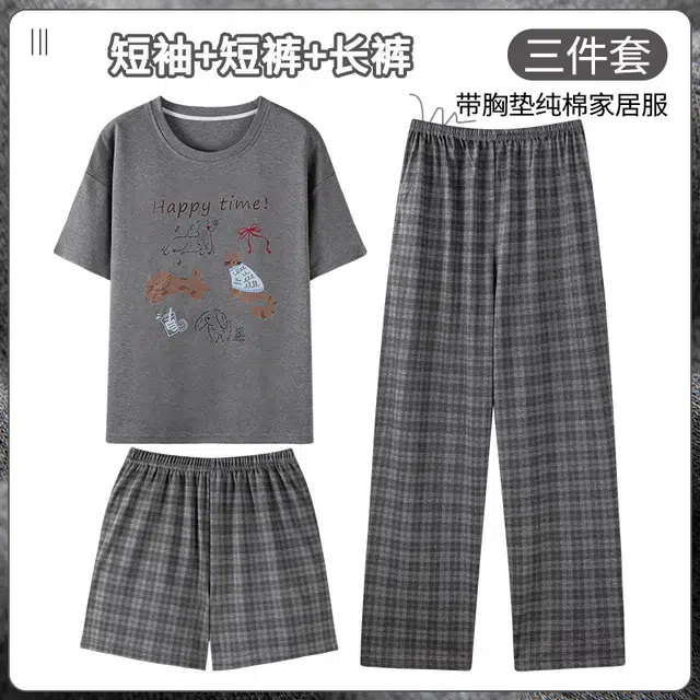 芬腾可安 女夏季薄款带胸垫全棉三件套家居服卡通纯棉短袖格子短裤长裤可外穿学生透气睡衣套装 女款
