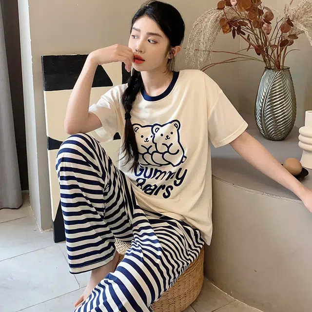 芬腾可安 女夏带胸垫薄款针织棉家居服卡通套头短袖短裤长裤可外穿三件套睡衣套装 女款