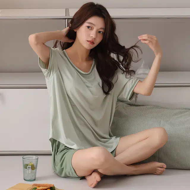 芬腾可安 带胸垫女夏薄款休闲家居服简约韩版短袖短裤长裤可外穿学生舒适透气睡衣套装 女款
