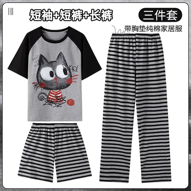 芬腾可安 女夏季薄款带胸垫全棉三件套家居服卡通纯棉短袖条纹短裤长裤可外穿舒适透气睡衣套装 女款