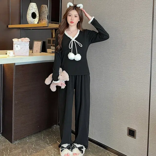 芬腾可安 保暖休闲德绒带胸垫甜美韩版长袖长裤家居服可外穿睡衣套装 女款