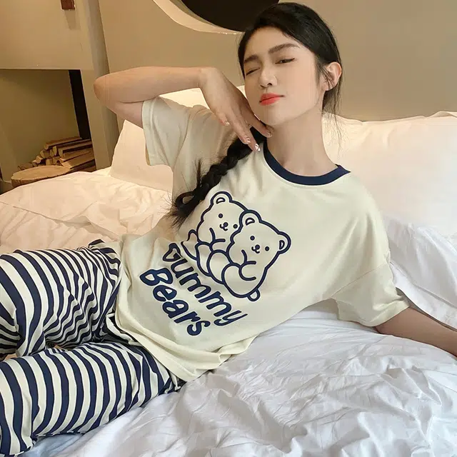 芬腾可安 女夏带胸垫薄款针织棉家居服卡通套头短袖短裤长裤可外穿三件套睡衣套装 女款