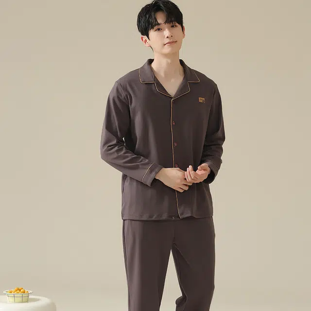 芬腾可安 男春秋季舒适家居服韩版高级感开衫透气长袖长裤可外穿休闲青年大码睡衣套装 男款