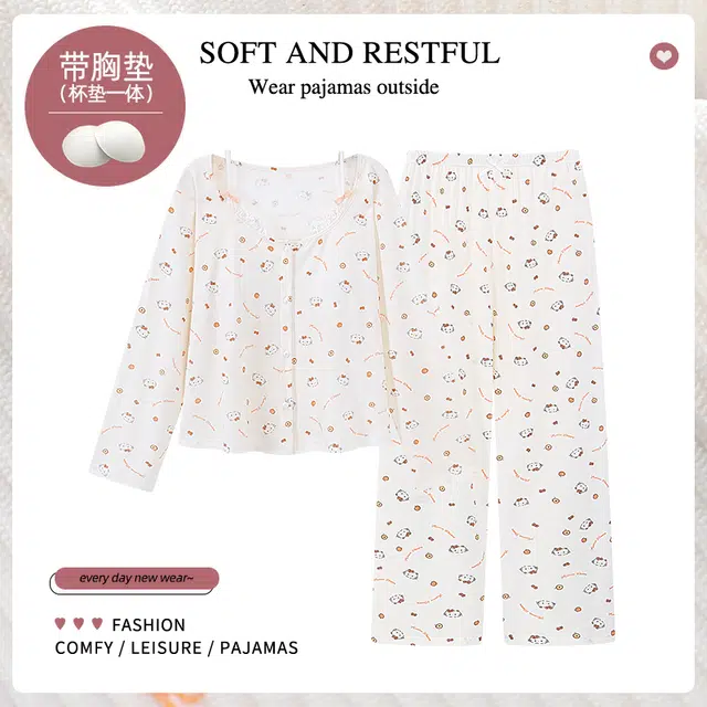 芬腾可安 家居服带胸垫甜美卡通长袖上衣可外穿休闲长裤睡衣套装 女款 图色