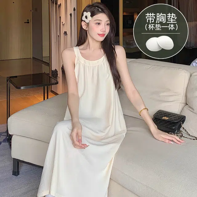 芬腾可安 带胸垫家居服韩版白月光挂脖式吊带中长款可外穿无袖透气夏季睡裙 女款