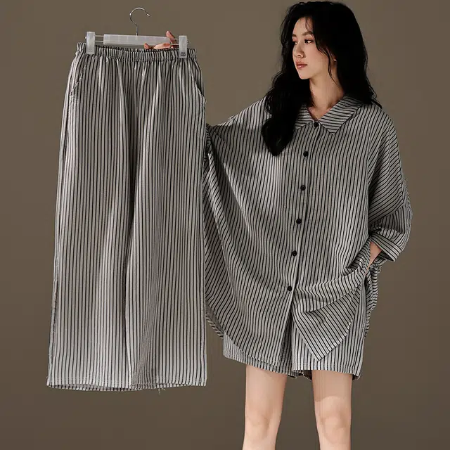 芬腾可安 韩版简约条纹可外穿七分袖长裤睡衣套装 女款 深灰