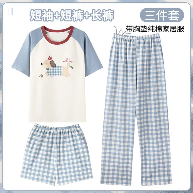 芬腾可安 女夏季薄款带胸垫全棉三件套家居服卡通纯棉短袖格子短裤长裤可外穿甜美少女透气睡衣套装 女款