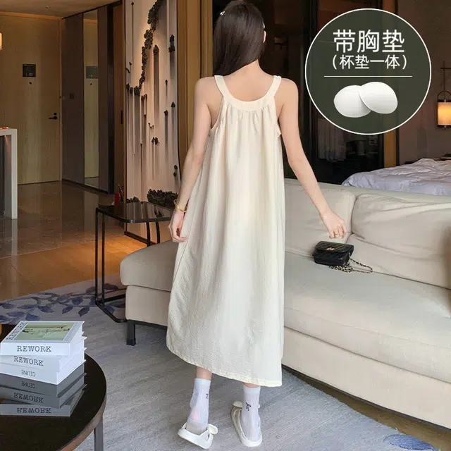芬腾可安 带胸垫家居服韩版白月光挂脖式吊带中长款可外穿无袖透气夏季睡裙 女款