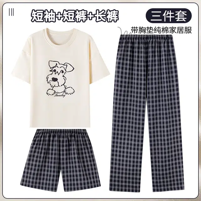 芬腾可安 女夏季薄款带胸垫全棉三件套家居服卡通纯棉短袖格子短裤长裤可外穿学生睡衣套装 女款