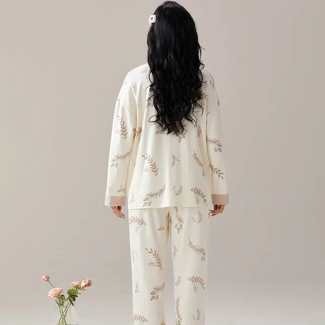芬腾可安 家居服高级感带胸垫长袖长裤可外穿休闲睡衣套装 女款 图色