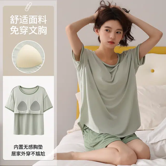 芬腾可安 带胸垫女夏薄款休闲家居服简约韩版短袖短裤长裤可外穿学生舒适透气睡衣套装 女款