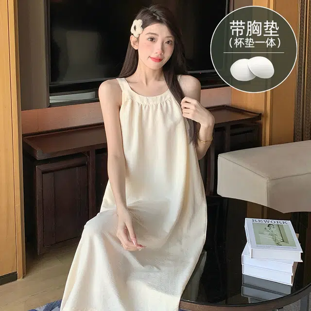 芬腾可安 带胸垫家居服韩版白月光挂脖式吊带中长款可外穿无袖透气夏季睡裙 女款