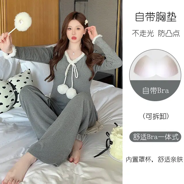 芬腾可安 保暖休闲德绒带胸垫甜美韩版长袖长裤家居服可外穿睡衣套装 女款