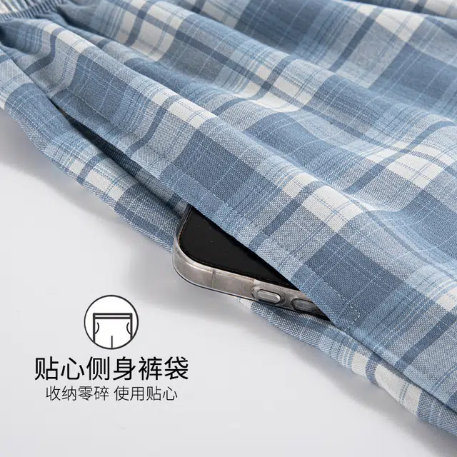 芬腾可安 女夏季带胸垫薄款全棉三件套家居服卡通韩版纯棉短袖格子短裤长裤可外穿学生睡衣套装 女款