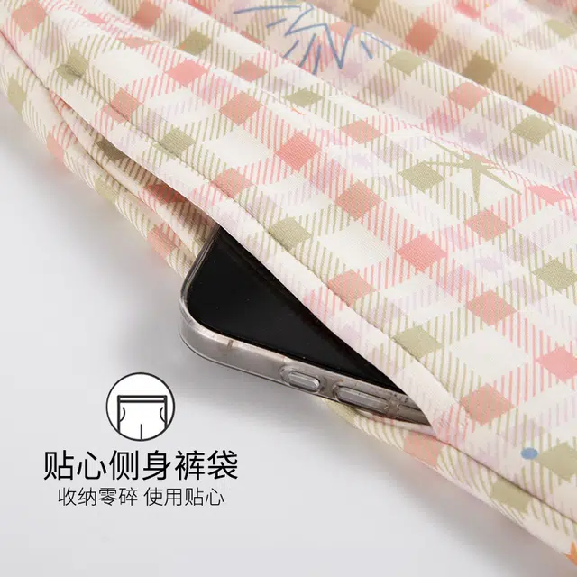 芬腾可安 女夏季薄款带胸垫全棉三件套家居服甜美少女卡通纯棉短袖格子短裤长裤可外穿透气睡衣套装 女款