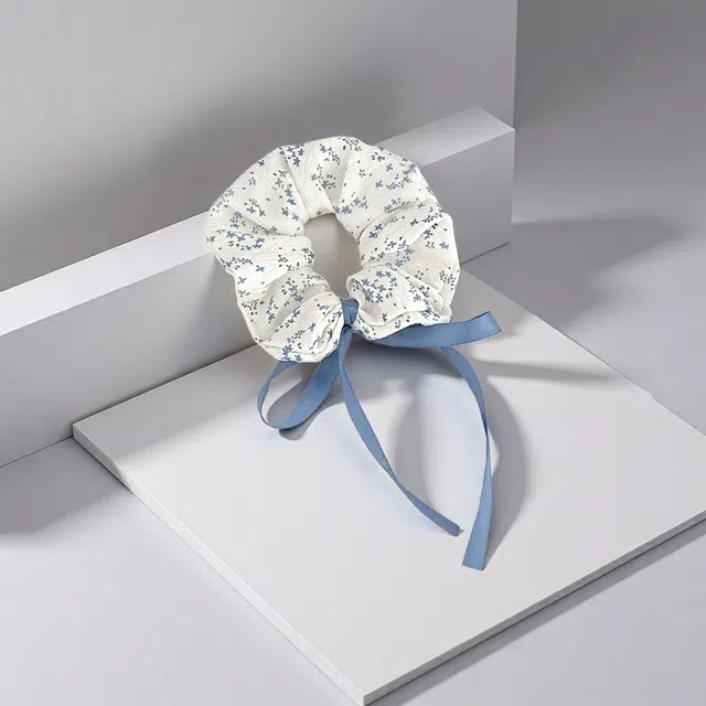 前方大荒野 天青碎花丝带大肠圈清新小花文雅温柔精致日常百搭小众设计扎丸子头马尾辫时髦气质#好运 棉麻 发圈 女款