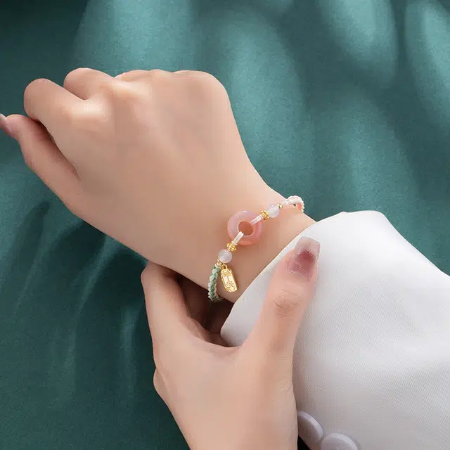 前方大荒野 桃之夭夭平安扣转运珠清新甜美新中式时尚小众设计平安喜乐好运常来事事顺意精致独特 菩提根 手链 女款