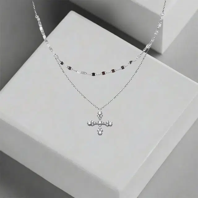 前方大荒野 双层叠戴十字欧美潮流轻奢高级感温柔甜美优雅迷人小众简约时尚设计时髦精致气质日常百搭 钛钢 项链 女款