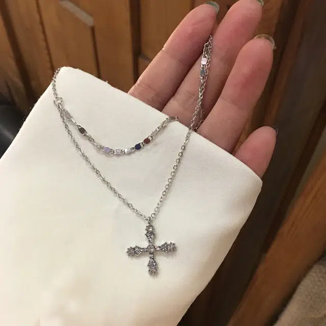 前方大荒野 双层叠戴十字欧美潮流轻奢高级感温柔甜美优雅迷人小众简约时尚设计时髦精致气质日常百搭 钛钢 项链 女款