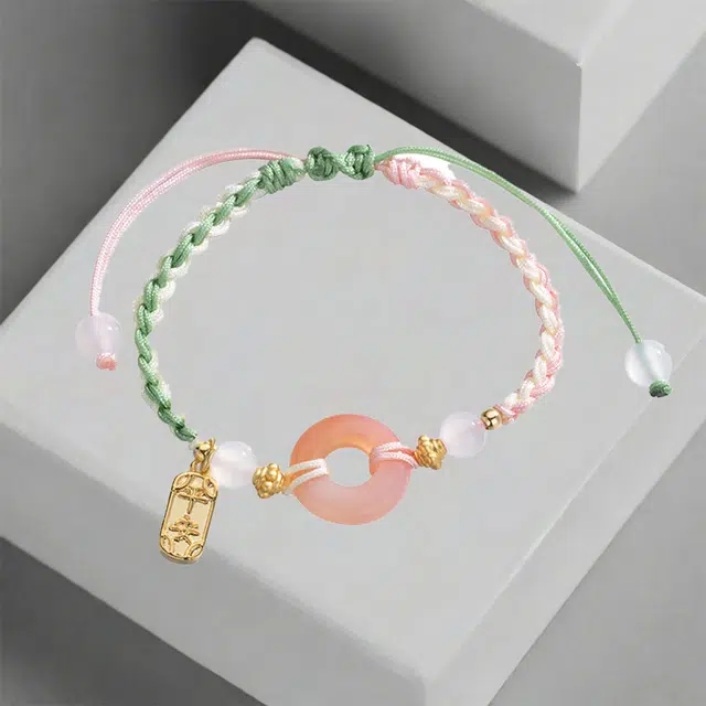 前方大荒野 桃之夭夭平安扣转运珠清新甜美新中式时尚小众设计平安喜乐好运常来事事顺意精致独特 菩提根 手链 女款