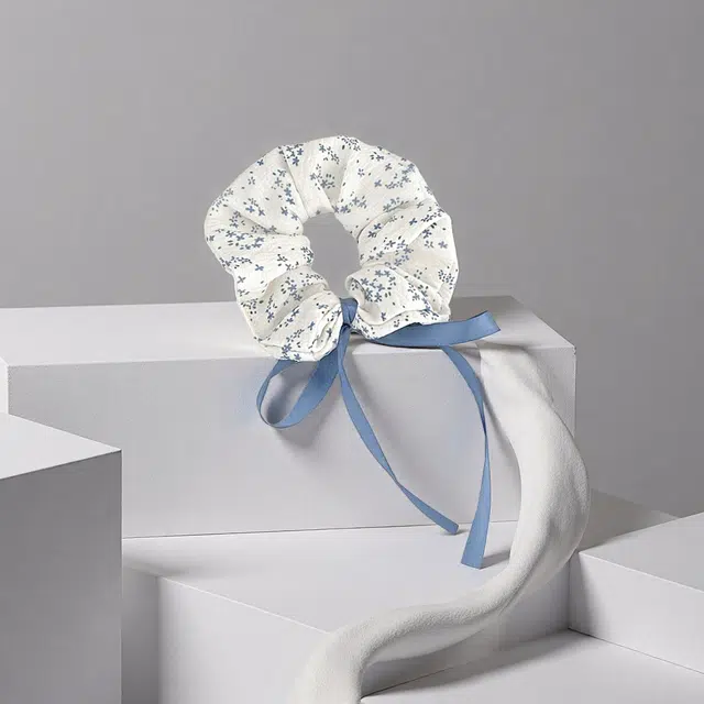 前方大荒野 天青碎花丝带大肠圈清新小花文雅温柔精致日常百搭小众设计扎丸子头马尾辫时髦气质#好运 棉麻 发圈 女款