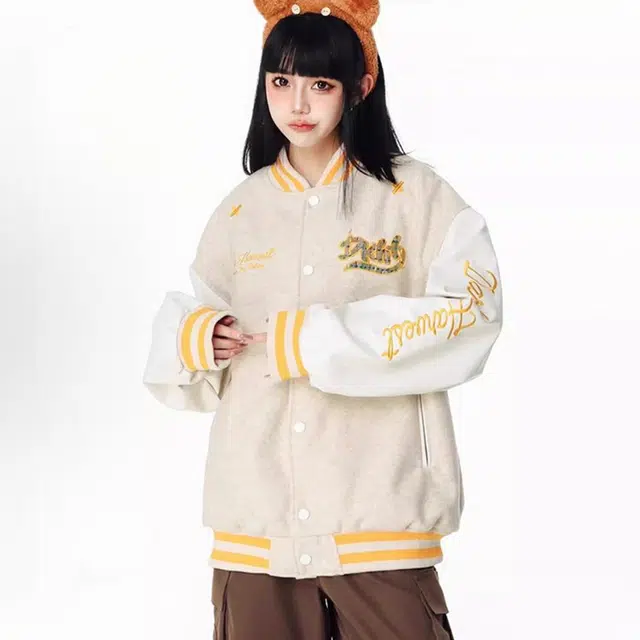 寻星记  美式复古高街风趣味字母刺绣工艺图案宽松休闲百搭落肩直筒单排扣外套棒球服 男女同款