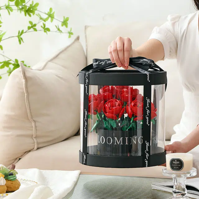 喜顽童 永生玫瑰花积木花束桶玩具 拼装模型