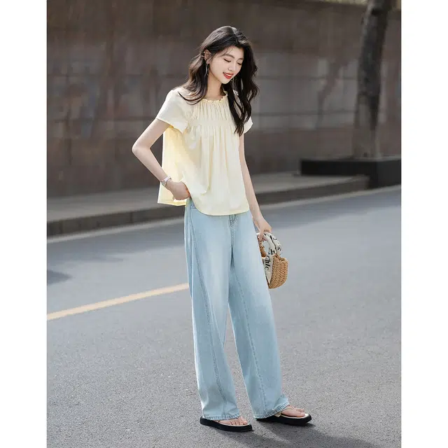 水中花 温柔夏季弹橡筋圆领宽松舒适短袖衬衫 女款