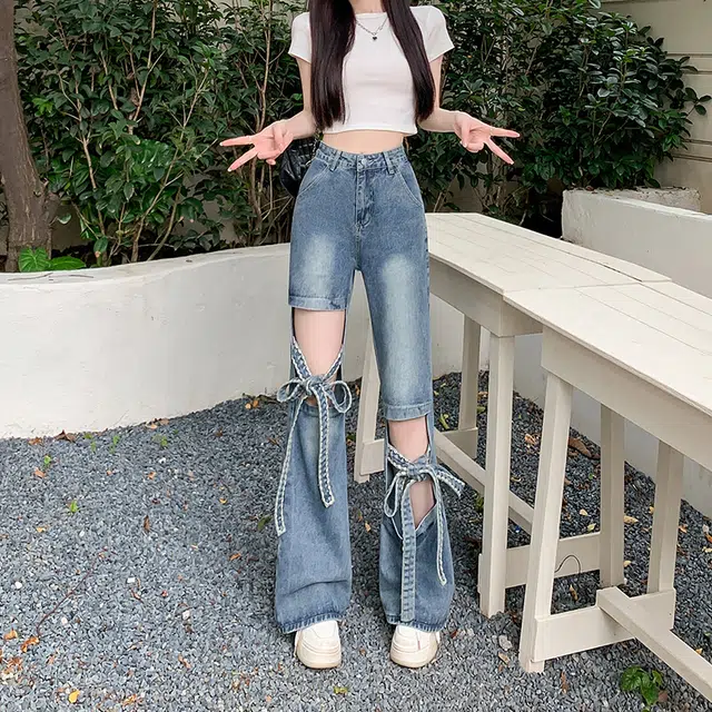 水中花 蝴蝶结镂空破洞设计感高腰显瘦牛仔裤 女款 蓝色
