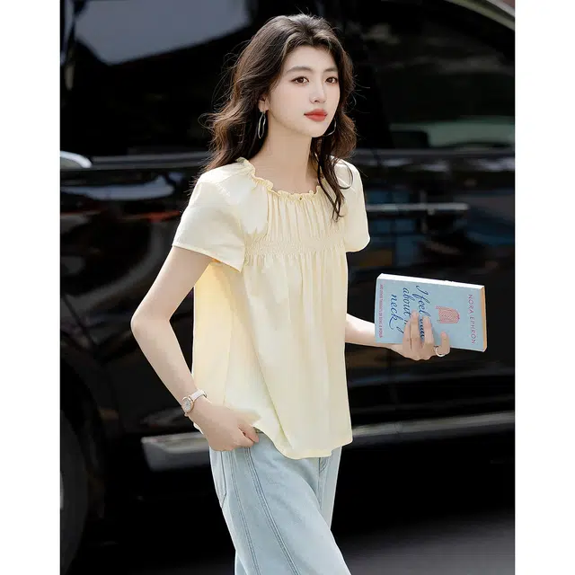 水中花 温柔夏季弹橡筋圆领宽松舒适短袖衬衫 女款