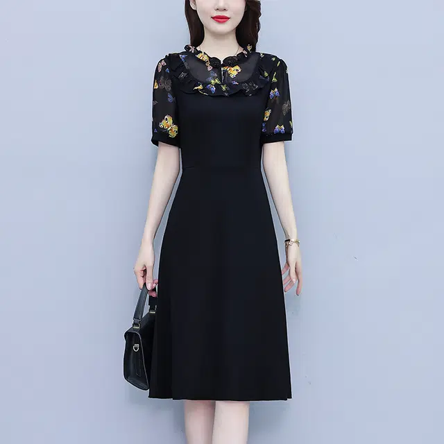 水中花 气质韩版显瘦时尚收腰裙子中年妈妈短袖连衣裙 女款