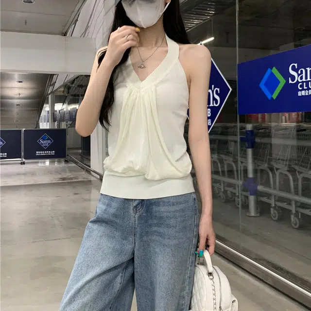 水中花 堆叠感无袖挂脖上衣背心女夏外穿吊带 女款