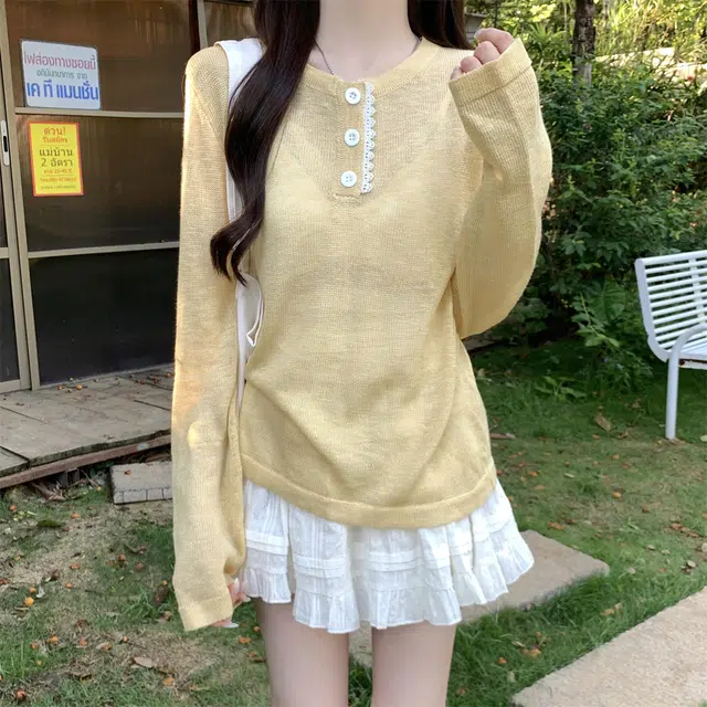 水中花 夏季韩版宽松甜美纽扣设计防晒可内搭罩衫上衣针织衫 女款