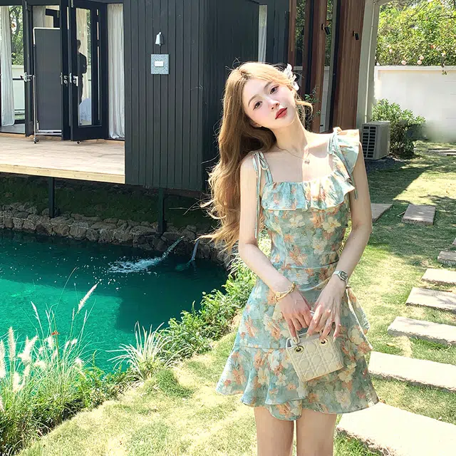 水中花 油画感不规则度假鱼尾碎花裙吊带连衣裙 女款 油画绿