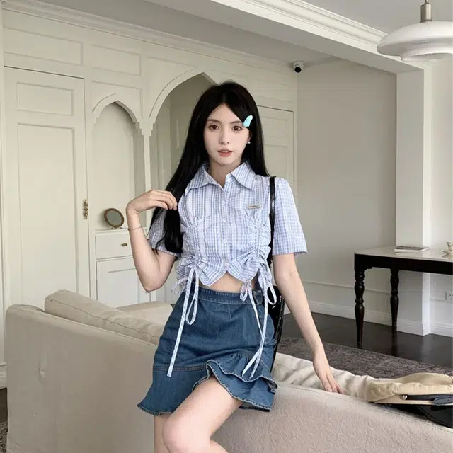 水中花 抽绳甜美设计感心机小众别致上衣短袖衬衫 女款