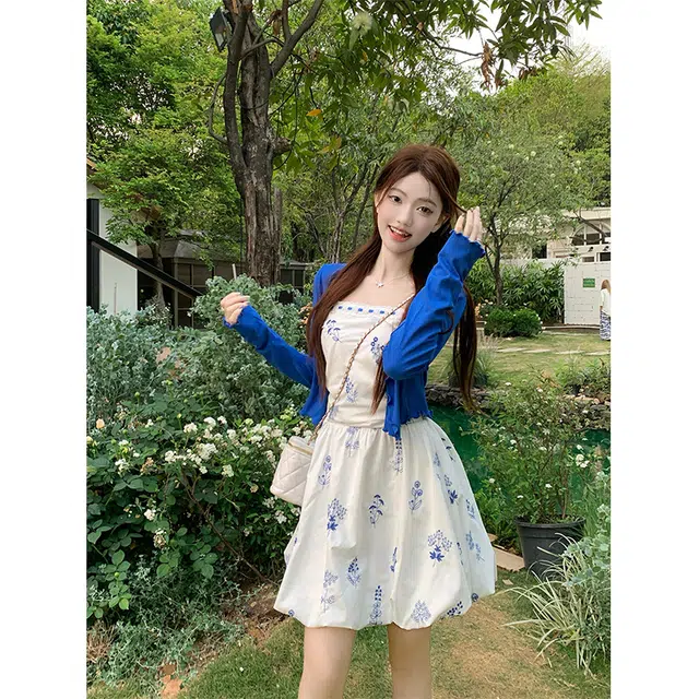 水中花 气质法式千金碎花显瘦欧若风小众花苞裙短款开衫裙装套装 女款