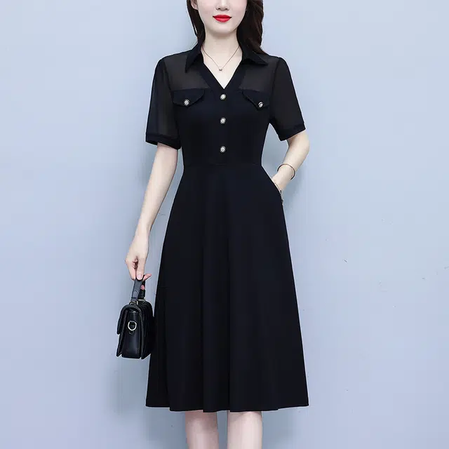 水中花 高档气质时尚收腰显瘦中长短袖连衣裙 女款