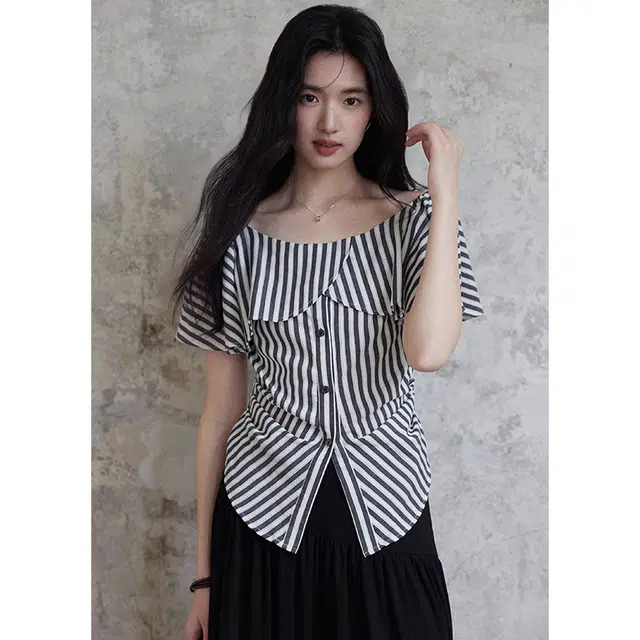 水中花 条纹短袖法式荷叶一字肩收腰小衫衬衫 女款