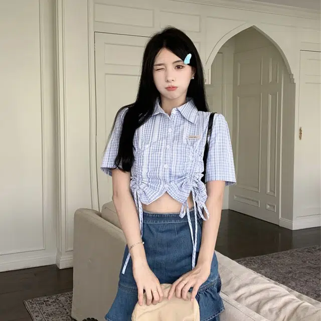 水中花 抽绳甜美设计感心机小众别致上衣短袖衬衫 女款