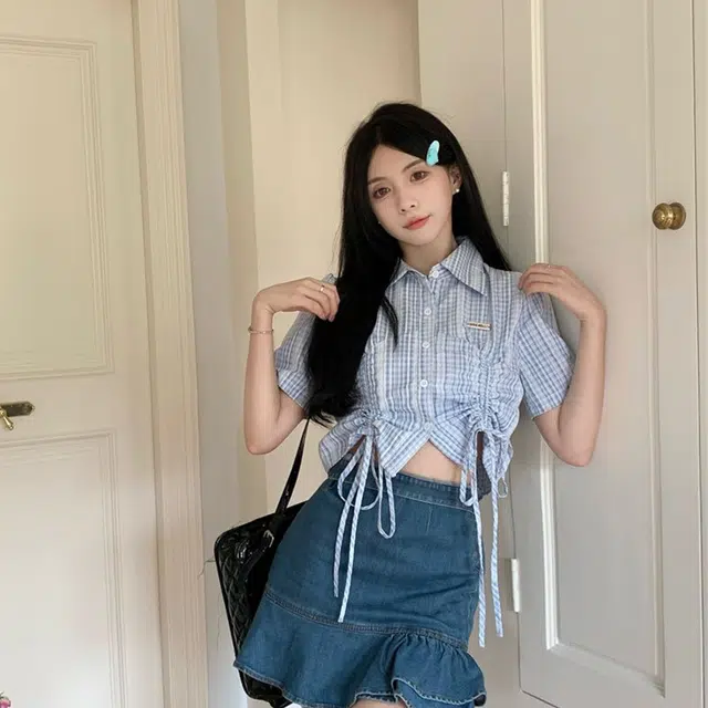 水中花 抽绳甜美设计感心机小众别致上衣短袖衬衫 女款