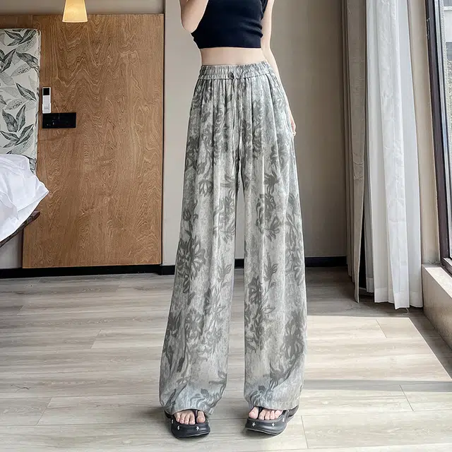 水中花 法式复古慵懒印花阔腿裤宽松垂坠感遮肉显瘦休闲裤 女款