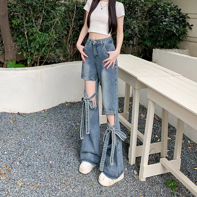 水中花 蝴蝶结镂空破洞设计感高腰显瘦牛仔裤 女款 蓝色