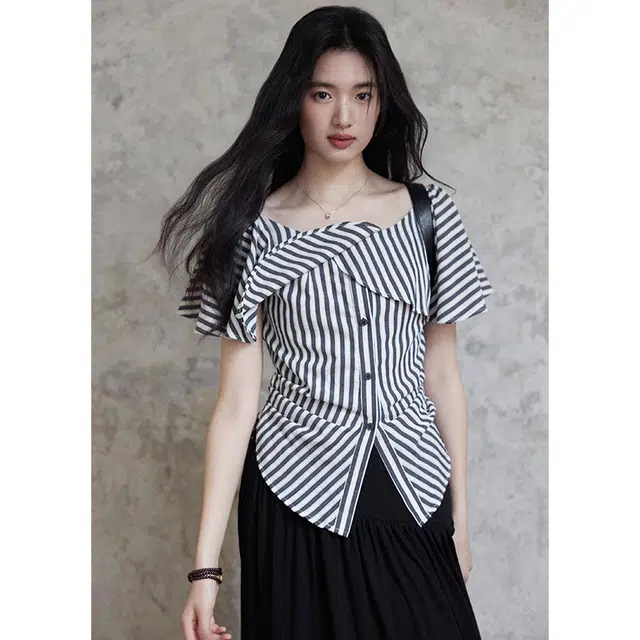 水中花 条纹短袖法式荷叶一字肩收腰小衫衬衫 女款