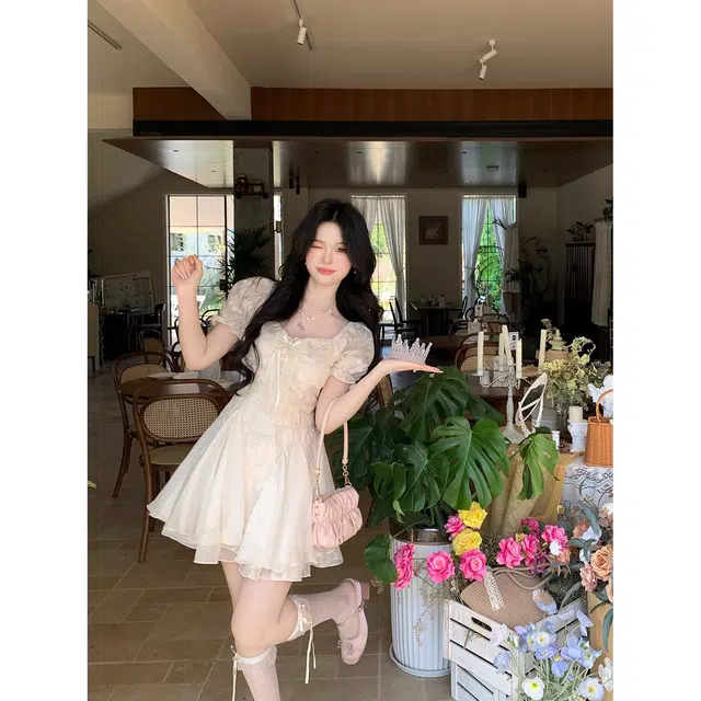 水中花 纯欲白月光气质剪花蓬蓬网纱拼接公主裙短袖连衣裙 女款